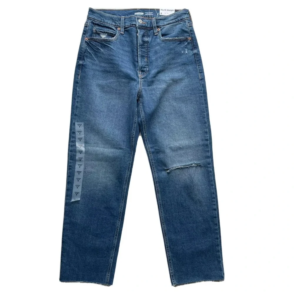 Old Navy Size 8 Extra High Rise Sky-Hi Straight Raw-Hem Ankle Jeans Button Fly - Picture 2 of 10